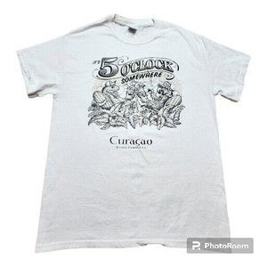 Gildan White "5 o clock somewhere" Curacao Dutch Caribbean Tee Med.